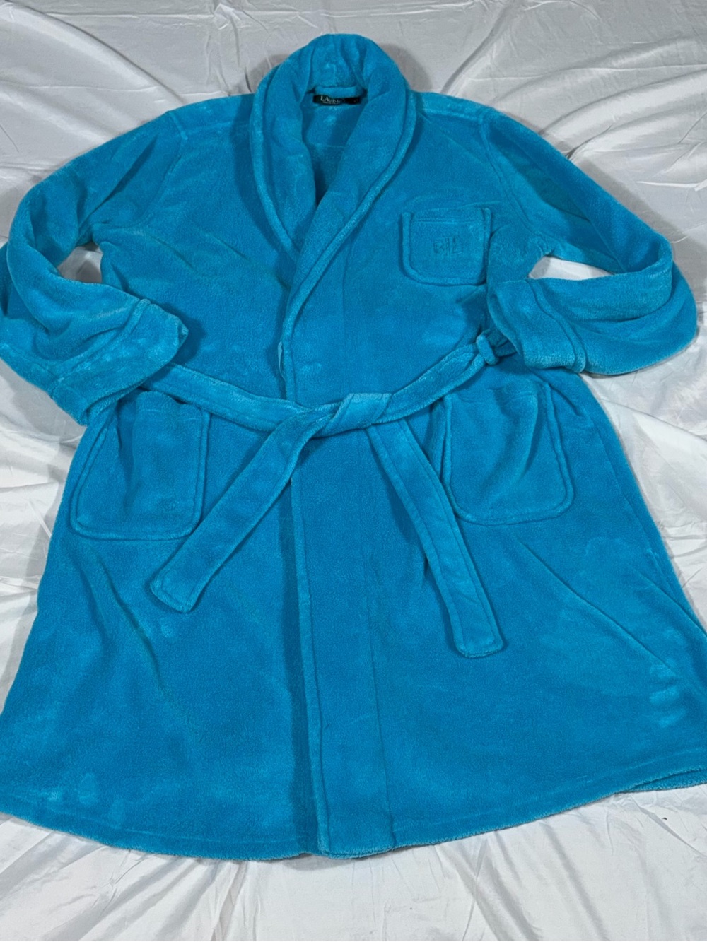 Lauren Ralph Lauren Women L Turquoise Plush Fleece Robe Belted Shawl Collar